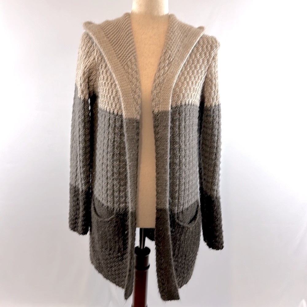 Cocogio Italy Hooded Cardigan Wool Blend Knit Sweater With Open Front, Size L